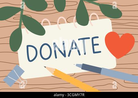 donate word written in a spiral notebook; perfeedct for use on charity campaign materials, non-profit organization websites- vector illustration Stock Vector