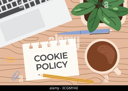 cookie policy written on the paper note on office desk, flat lay view- vector illustration Stock Vector