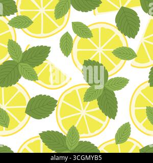 seamless pattern with lemon slices and mint leaves; cocktail, summer party background- vector illustration Stock Vector