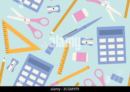 back to school seamless pattern with pen, scissors, calculator, eraser, pencil sharpener, pencil, triangle ruler icons- vector illustration Stock Vector