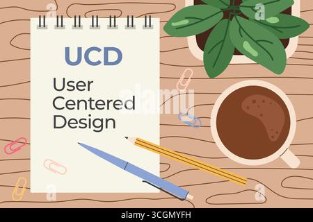 UCD User Centered Design acronym written in a spiral notebook on wooden desk- vector illustration Stock Vector