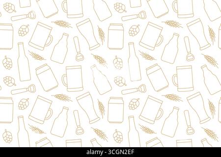 seamless beer pattern; bottle, glass, hop cone, barley ear, opener; perfect for wrapping paper, bar or pub menus, apparel, marketing materials for bee Stock Vector