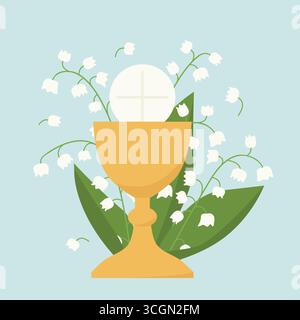 holy communion chalice and ily of the valley flowers; design element for first holy communion invitations and greeting cards - vector illustration Stock Vector