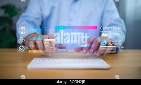 Person using futuristic holographic AI interface, Artificial intelligence, machine learning, advanced digital technology, business innovation and the Stock Photo