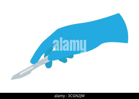 hand of surgeon in a blue medical glove holding a scalpel- vector illustration Stock Vector