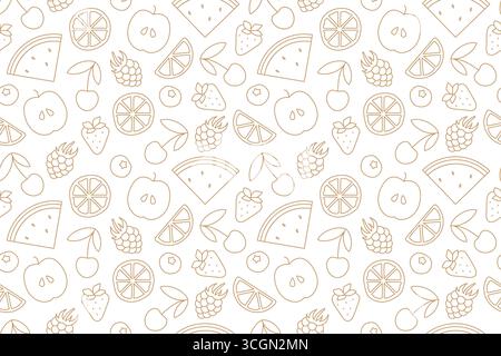seamless golden summer pattern with strawberry, raspberry, cherry, apple, watermelon, lemon, orange fruits- vector illustration Stock Vector