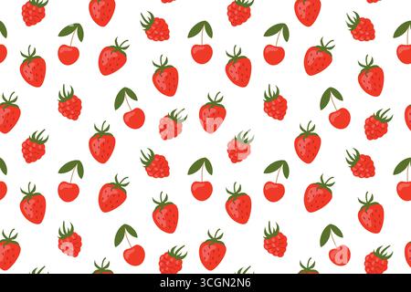 seamless summer pattern with strawberry, raspberry and cherry fruits, perfect for tablecloths, wallpapers, stationery items and design for summer even Stock Vector
