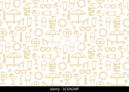 yellow summer seamless pattern with sunglasses, ice cream, ice coffee, cocktail, fan, therometer, sun cream icons- vector illustration Stock Vector