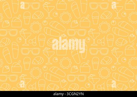 yellow summer seamless pattern with sunglasses, flip flops, ice cream, cherry, strawberry, cocktail, shell, blueberry icons- vector illustration Stock Vector