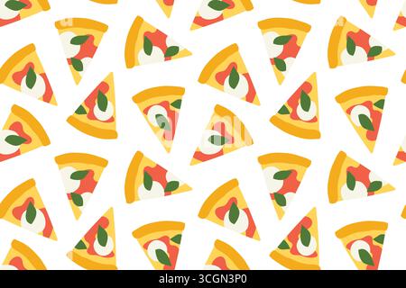 seamless pattern with italian margherita pizza slices with mozzarella cheese, tomato sauce, olive oil and basil leaves- vector illustration Stock Vector