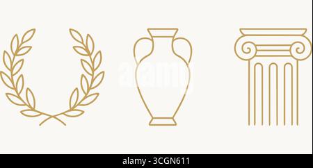 Elegant gold line collection featuring a laurel wreath, classical amphora, and Ionic column inspired by ancient Greek design. Stock Vector
