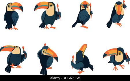 Colorful tropical birds with bright bills act out a sequence of movements including waving flapping and strolling. Stock Vector