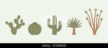 A horizontal strip of desert flora including prickly pears rounded barrel cacti tall saguaro forms and thin grasses. Stock Vector
