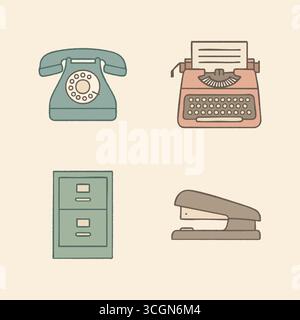 Vintage desk equipment illustrated in muted colors including a rotary phone a classic typewriter a filing cabinet and a metal stapler. Stock Vector
