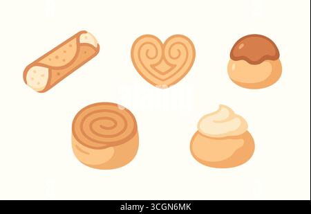 A warm bakery themed panel with assorted treats such as a filled cannoli a heart shaped palmier a cream puff a spiral roll and a dollop of frosting. Stock Vector