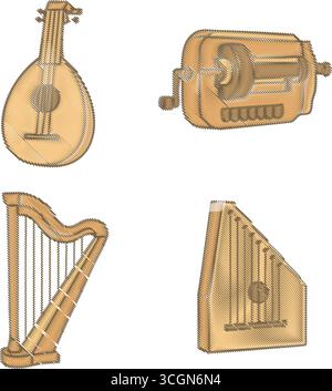 Classic string instruments rendered in warm lines with a pear shaped lute a hand crank hurdy gurdy a standing harp and a boxed zither. Stock Vector