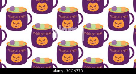 Halloween Purple Cup with Pumpkin and Trick or Treat Lettering Seamless Pattern Halloween Background. Isolated Vector illustration Halloween Holiday Backdrop Party invite Banner, leaflets, price tag  Stock Vector