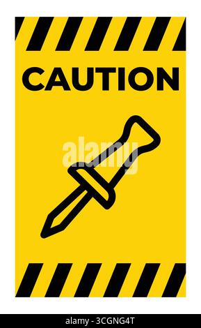 Bright yellow caution sign featuring a pushpin icon to grab attention. This graphic promotes safety awareness and highlights potential hazards effecti Stock Vector