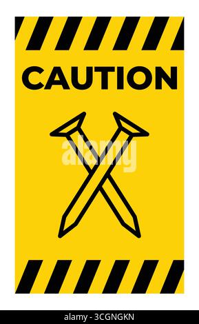 This graphic features a caution sign with crossed nails, set against a vibrant yellow background. Ideal for construction or safety themes. Stock Vector