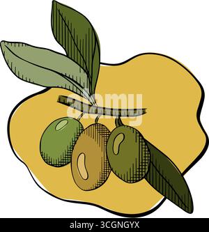 Puddle yellow oil, Olive oil puddle composition. Vector graphic line ink colored illustration. Olive oil, puddle, berries, green leaves, branch, for c Stock Vector
