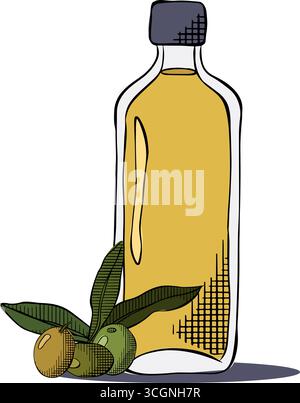 Olive oil in bottle and branch with fruit and green leaves Olive oil bottle composition. Vector graphic line ink colored illustration. Olive oil, bott Stock Vector