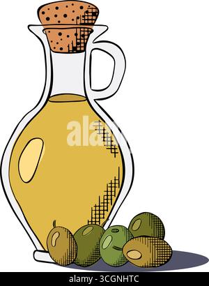 Bottle of olive oil with an olive sprig. Olive oil bottle composition. Vector graphic line ink colored illustration. Olive oil, bottle, branch, berrie Stock Vector