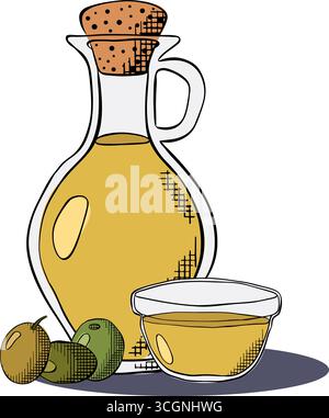 Olive berries and olive oil bottle and bowl isolated on a white background. Vector graphic line ink colored illustration. Extra-virgin olive oil. for Stock Vector