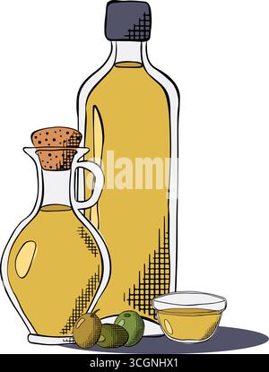 Vector olive oil and olives bottles line art illustration, graphic line ink art. Elegant line botanical illustration. Great for any designs, textile, Stock Vector
