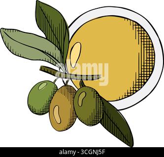 Oil in bowl hand drawn isolated. Olive oil bowl composition. Vector graphic line ink colored illustration. Olive oil, bowl, branch, berries, green lea Stock Vector