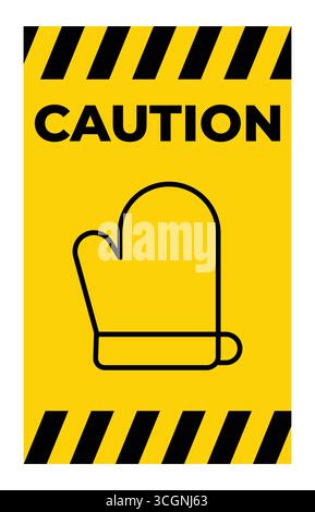This image features a caution sign with an oven mitt symbol on a vibrant yellow background, framed by bold black stripes, ensuring clear visibility fo Stock Vector