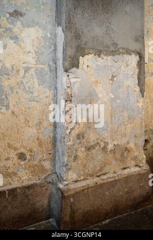A closeup image showcasing a detailed view of a weathered wall with peeling paint and exposed mortar, highlighting its textured and aged appearance. Stock Photo