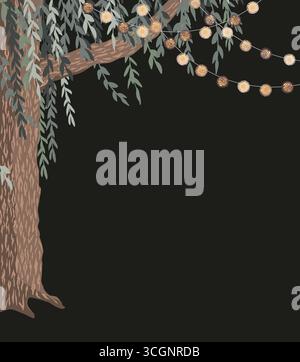 Green weeping willow tree and thread ball garlands vertical corner frame isolated on dark background. Corner tree branches border vector Stock Vector
