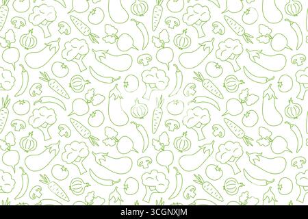 green vegetables seamless pattern with beetroot, chili pepper, eggplant, broccoli, mushroom, tomato, onion, carrot icons; great for packaging for orga Stock Vector
