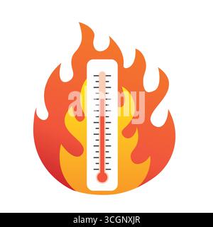 red thermometer in fire flames, high temperature warning, hot summer day, heatwave, climate change concept- vector illustration Stock Vector