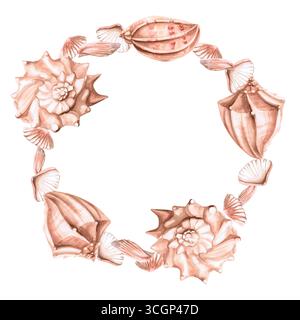 Round frame of sea shells. Isolated watercolor illustration on a marine theme for the design of printed products, tableware, printing on textiles, int Stock Photo