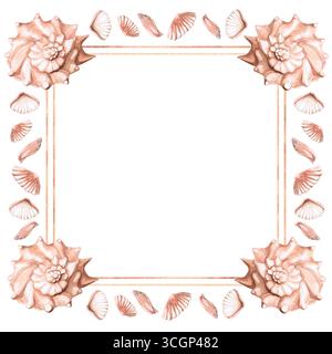 Square frame with various shells. Isolated watercolor illustration for restaurant menu design, interior, wedding cards, poster printing Stock Photo