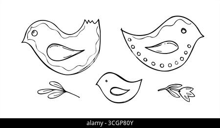Scandinavian Christmas black and white birds with flowers vector decoration. Doodle decorative hand drawn Swedish elements Xmas, New Year design Stock Vector