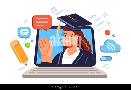 Teacher conducts webinar, lesson on laptop screen. E-learning, virtual training. Online education, remote learning Stock Vector