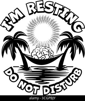 Brain lies in hammock between palm trees near the sea under the sun. Warning sign I am resting do not disturb. Vector on transparent background Stock Vector