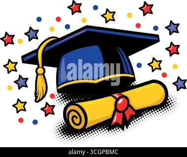 Graduation cap and certificate scroll on festive background. Vector art Stock Vector