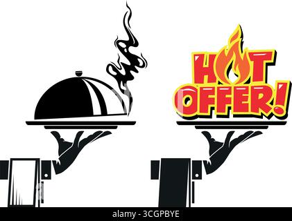 Waiter hand holding cloche serving plate with hot offer. Vector icon on transparent background Stock Vector