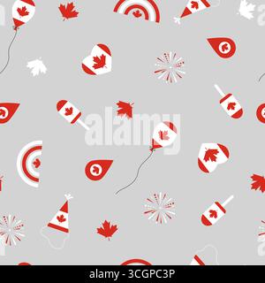 Festive seamless pattern with Canadian maple leaves, balloons, fireworks, ice cream, party hats, and hearts in red and white colors. Stock Vector