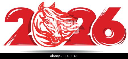 2026 Year of the Horse logo design. Chinese new year 2025. Red fiery horse, the horse's head framed by a mane that looks like tongues of flame. Vector Stock Vector