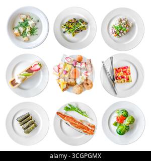 set of various food and sweets on white plates, top view, isolated on white background Stock Photo