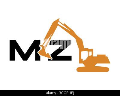Creative letter MZ excavator icon logo design, modern construction symbol, heavy equipment identity, building machinery emblem for contractor business Stock Vector