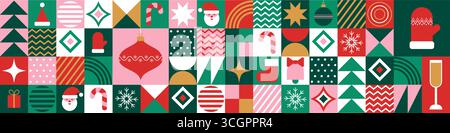 Colorful geometric seamless pattern for Christmas and New Year in Bauhaus style with holiday icons Stock Vector