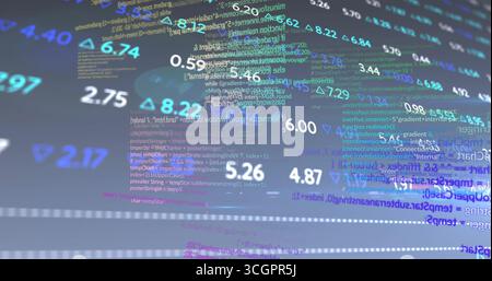 Displaying floating numeric data and code in virtual space, with triangular icons and dotted lines Stock Photo