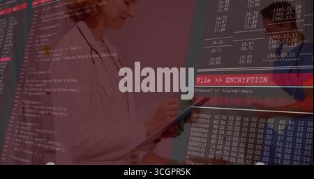 Writing doctor in white coat making notes on clipboard at hospital, with encryption, copy space Stock Photo