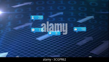 Displaying social media notification icons moving over blue grid, with binary code and arrows Stock Photo