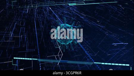 Hovering virus-like spherical model projecting spikes within virtual data net, with glowing lines Stock Photo